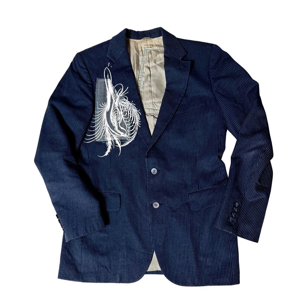 Kilgour, French & Stanbury Pinstripe Wool Blazer with Artistic Feather Graphic